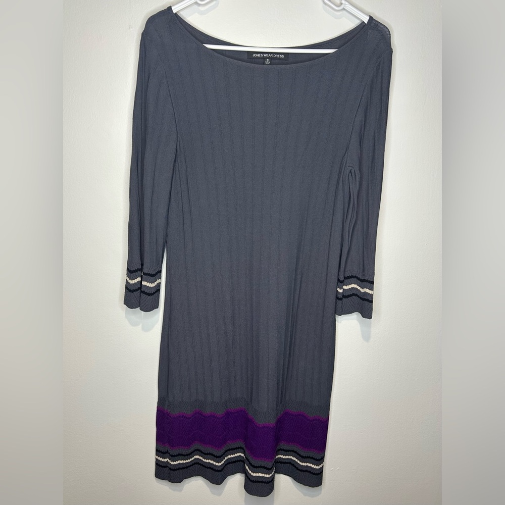Jones Wear Gray and Purple Long Sleeve Midi Dress Ribbed Stretchy Size Small